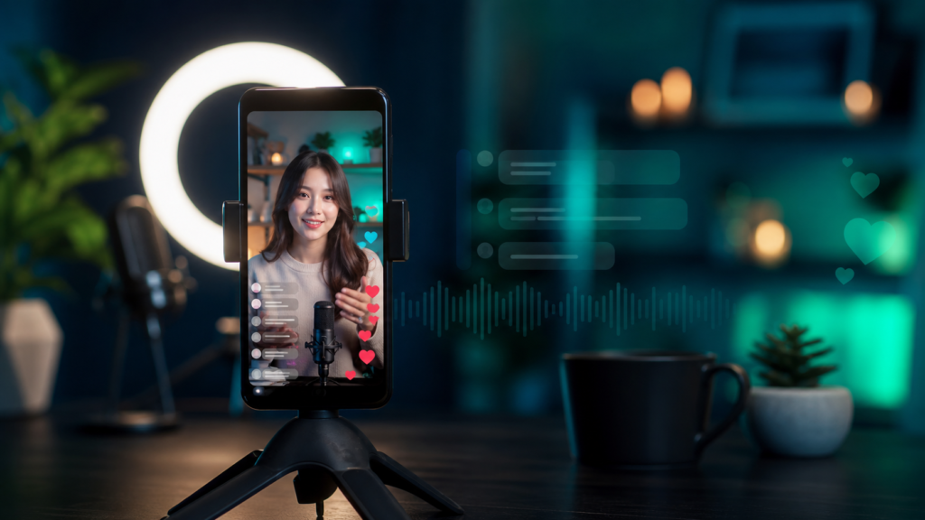TikTok LIVEの話題作りイメージ（スマホとリングライトの配信セット）