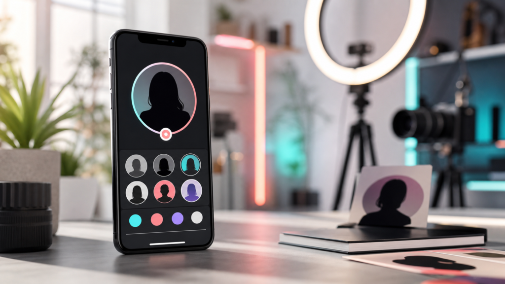 TikTok LIVEのプロフィール写真選びを表すスマートフォンと配信機材のイメージ